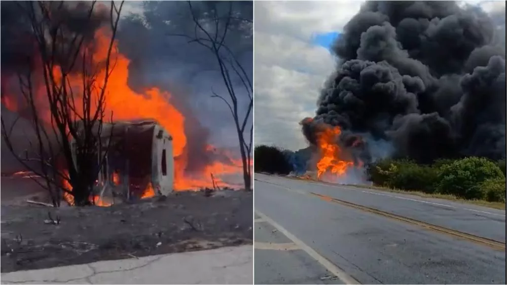 Caminhão-tanque pega fogo após tombar na BR-230, próximo ao distrito de Santa Gertrudes, e motorista morre carbonizado