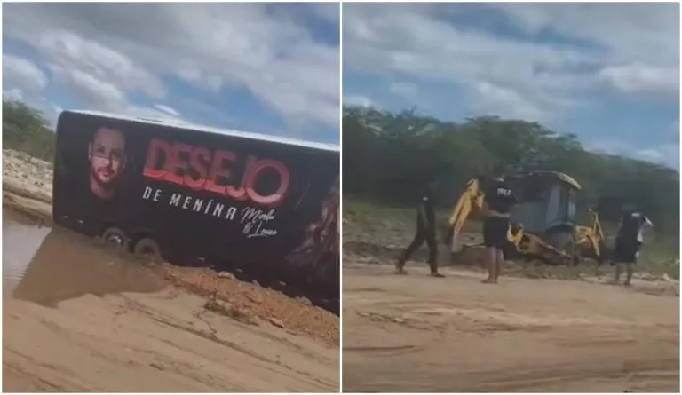 Ônibus da Banda Desejo de Menina atola em estrada alagada durante viagem para show na Paraíba