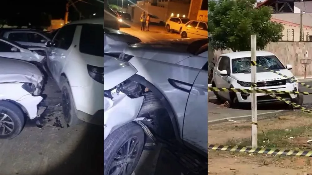 Em Patos: carro de luxo colide com veículos estacionados, motorista foge e automóvel é vandalizado; veja vídeo