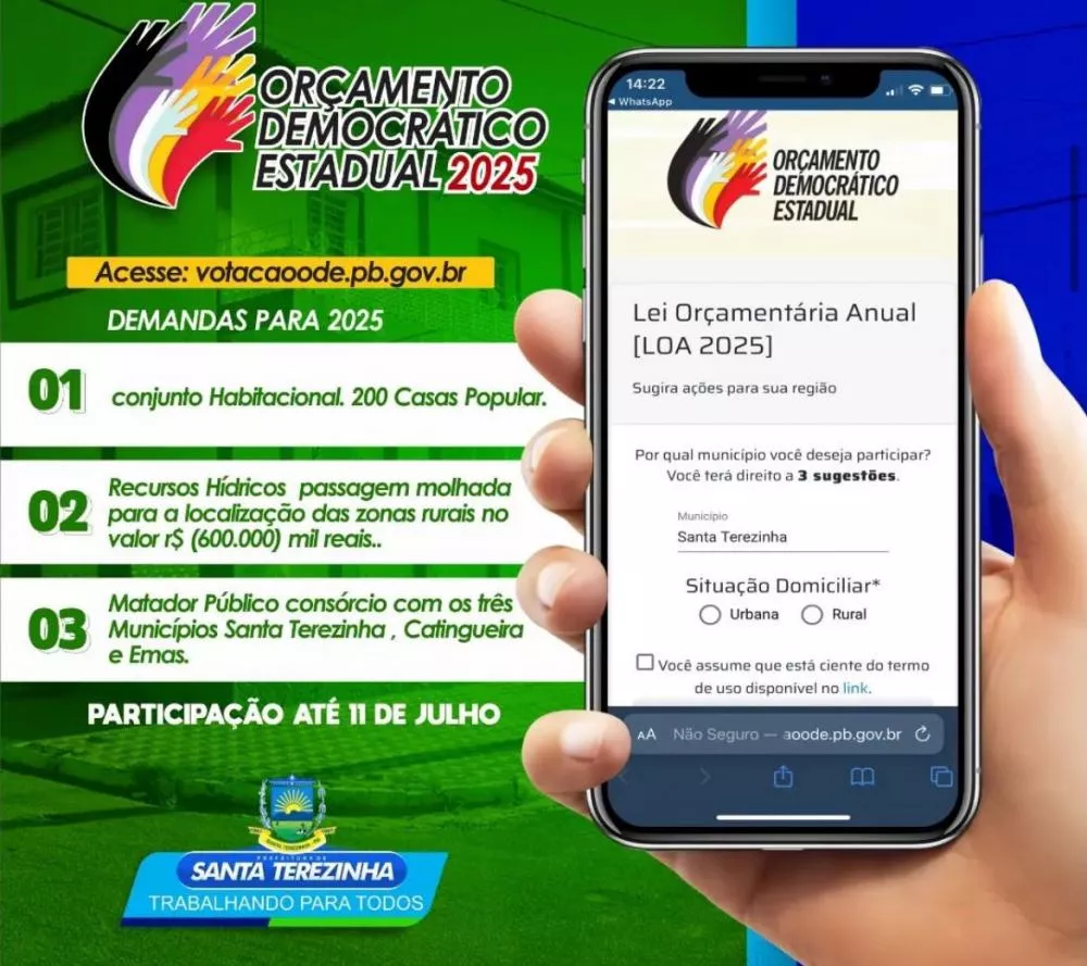 População de Santa Terezinha já pode votar no orçamento participativo estadual 2025; saiba como