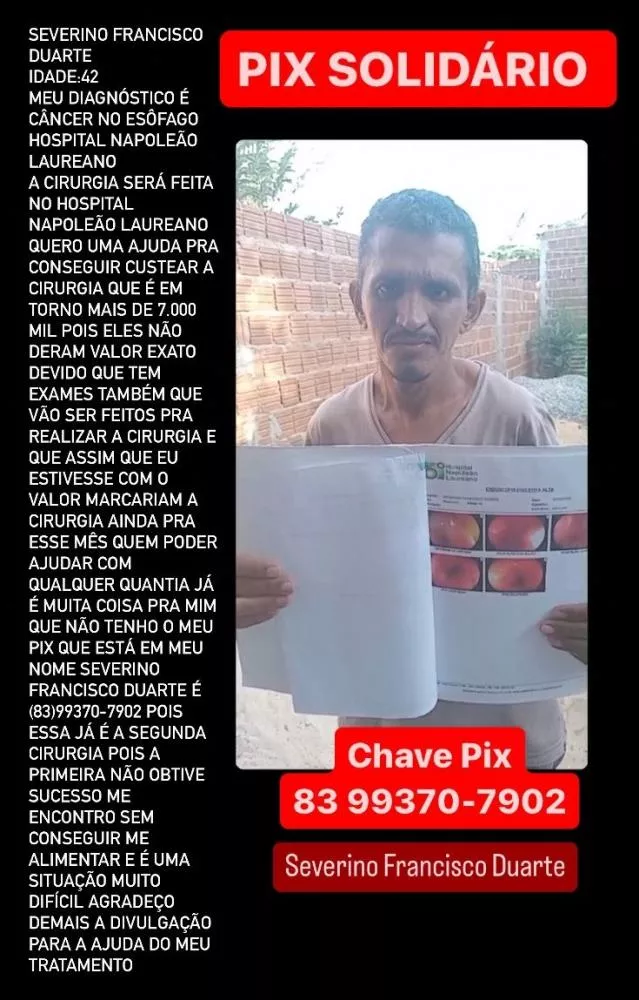 Patoense precisa de ajuda para custear cirurgia contra um câncer no esôfago