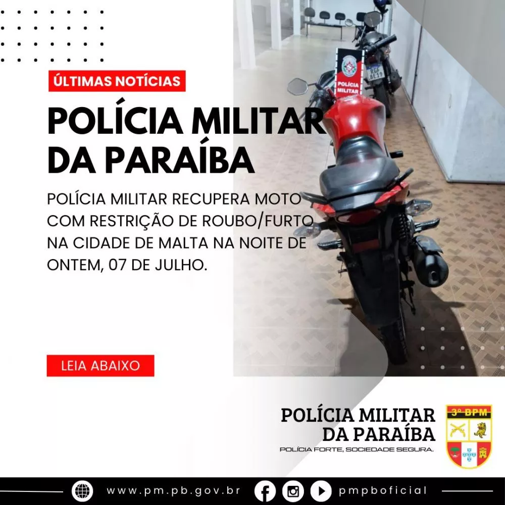 Moto que havia sido roubada é recuperada pela PM em Malta