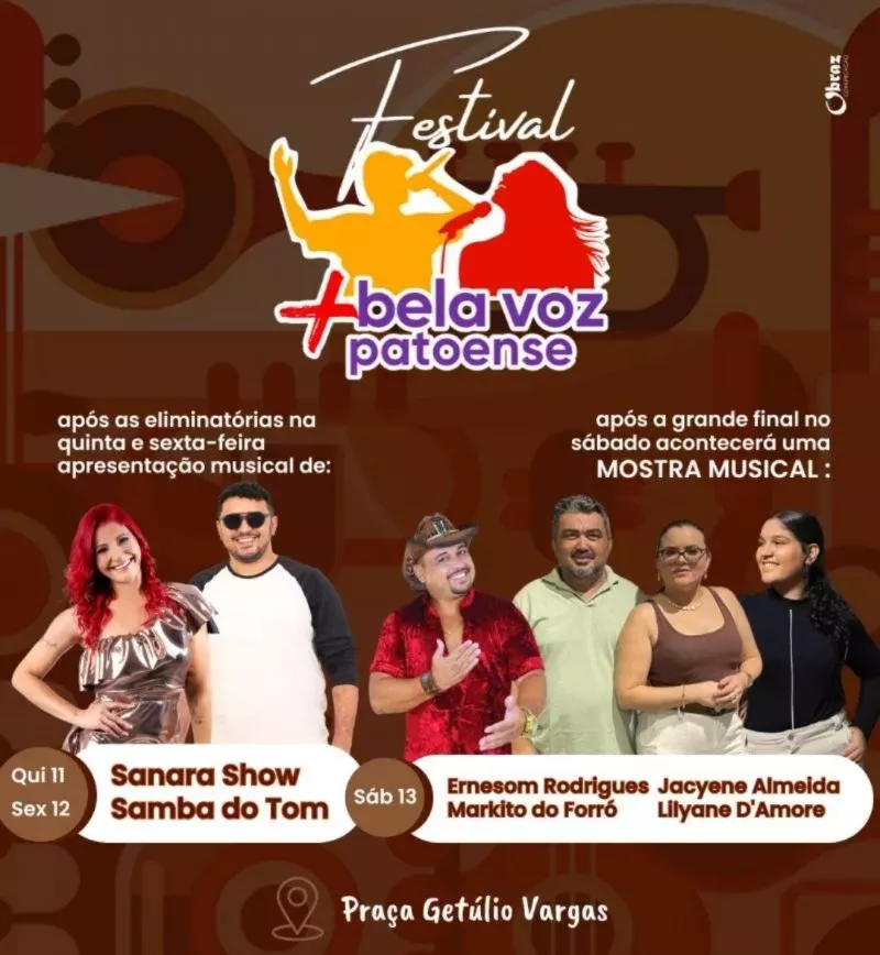 Festival Mais Bela Voz Patoense inicia nesta quinta-feira, 11. Confira programação