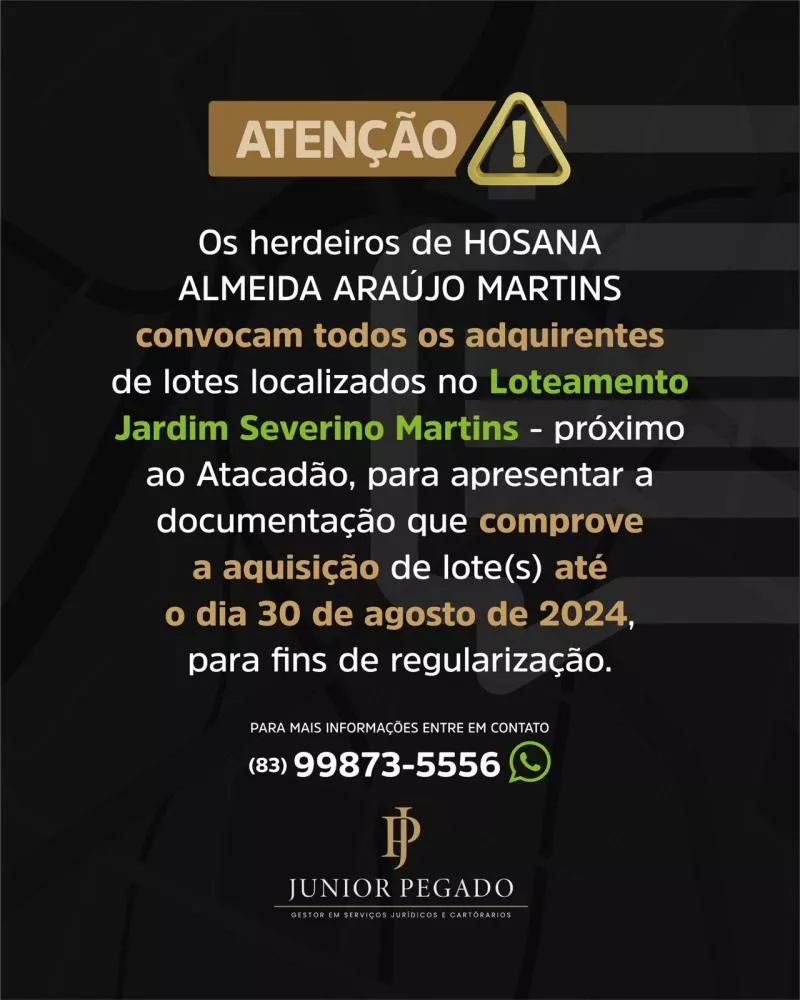 Convocação para regularização de lotes no Loteamento Jardim Severino Martins