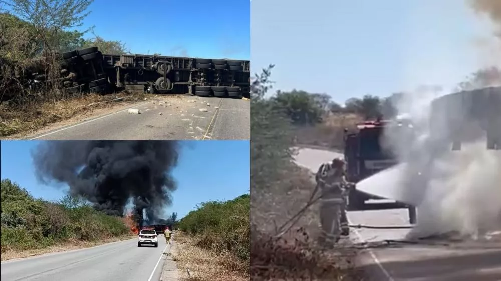 Carreta carregada de cabos de vassoura tomba e pega fogo na PB-325, na região de Catolé do Rocha; veja vídeo