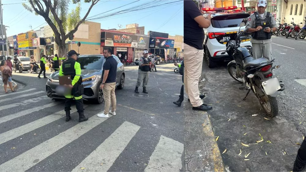 Colisão entre moto e carro deixa duas pessoas feridas na manhã desta segunda-feira (19) no Centro de Patos