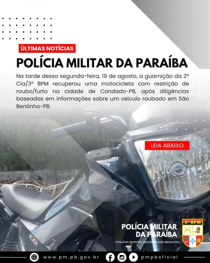 Polícia Militar recupera moto roubada em Condado