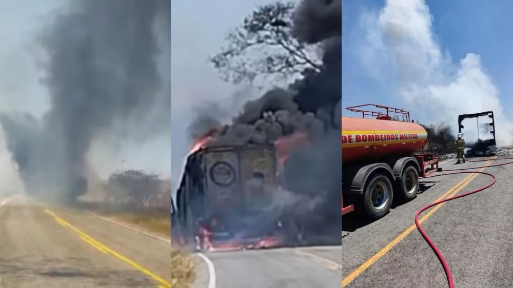 VÍDEO: Caminhão carregado com frangos pega fogo em roodovia entre Pedra Branca e Itaporanga