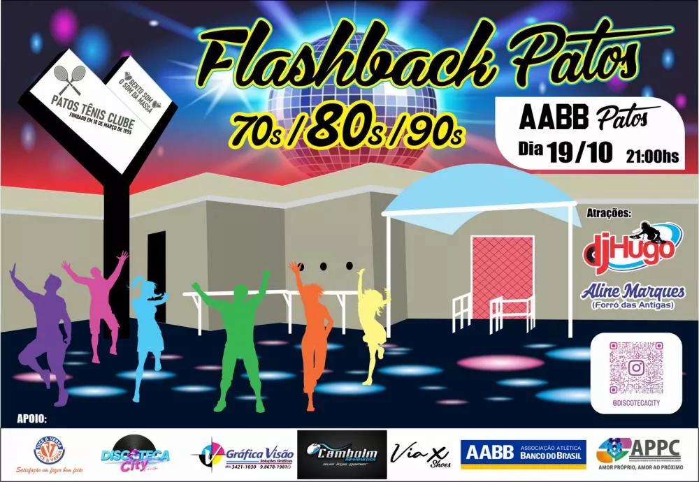 Flashback Patos acontece no próximo fim de semana, dia 19 de outubro, com sucessos dos anos 70, 80 e 90
