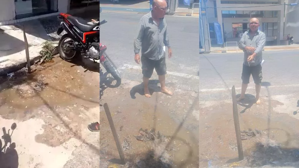 Pedestre cai em buraco de galeria estourada no Centro de Patos e sofre prejuízos; Prefeitura diz que esgoto é clandestino e conserto será realizado