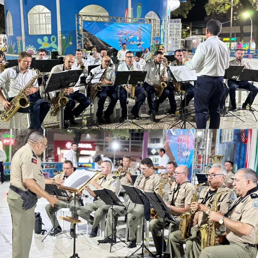 Patos 121 anos: Filarmônica 26 de Julho e Banda de Música da Polícia Militar reúnem famílias em praça pública
