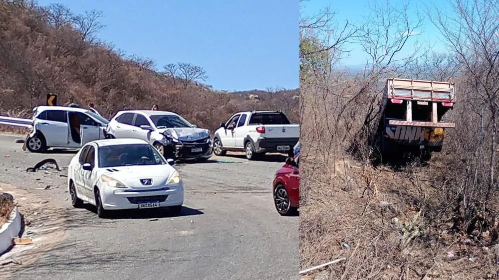 Grave acidente envolvendo caminhão e três veículos de passeio é registrado na manhã deste sábado (30), na Serra do Teixeira