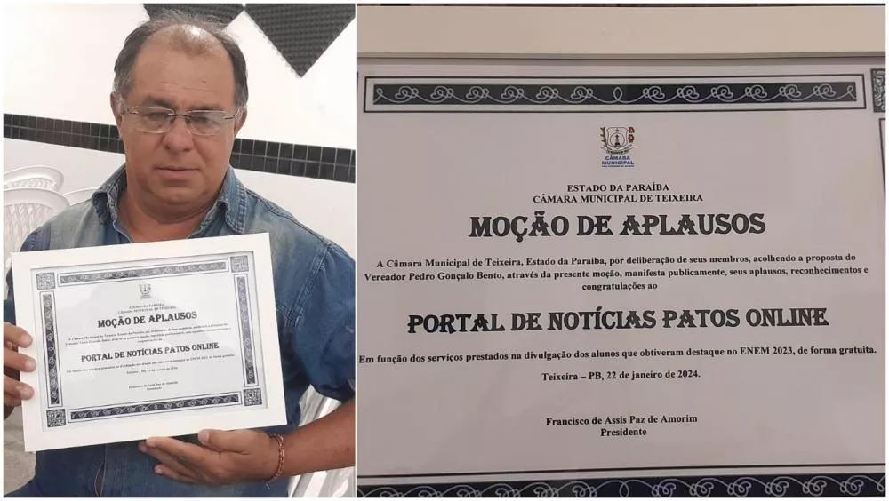 Câmara Municipal de Teixeira-PB homenageia Portal Patos Online com Moção de Aplausos por serviços prestados à educação