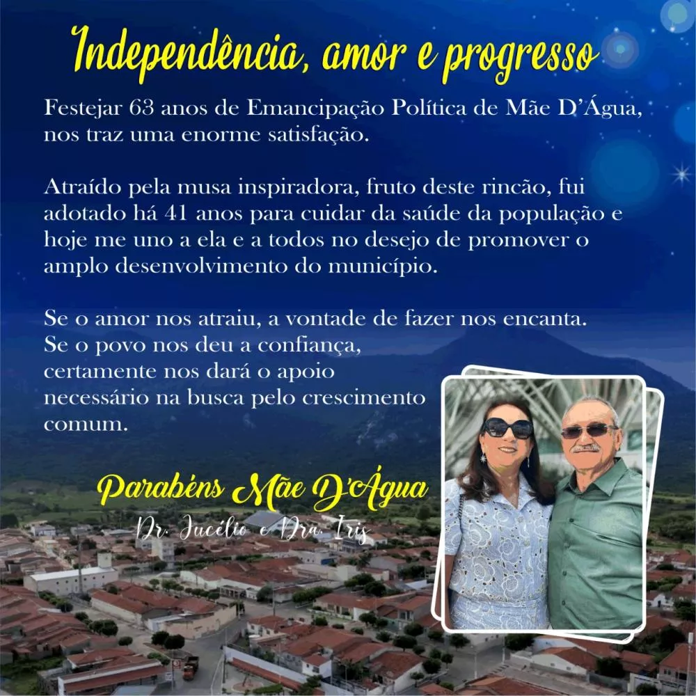 Mãe d'Água celebra 63 anos de Emancipação Política e prefeito eleito, Dr. Jucélio, deixa mensagem especial