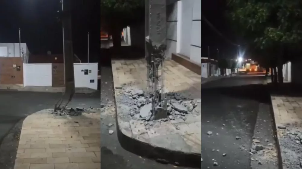 Carreta causa danos a poste em rua estreita no bairro Maternidade, em Patos; moradores relatam aumento de sinistros após pavimentação asfáltica