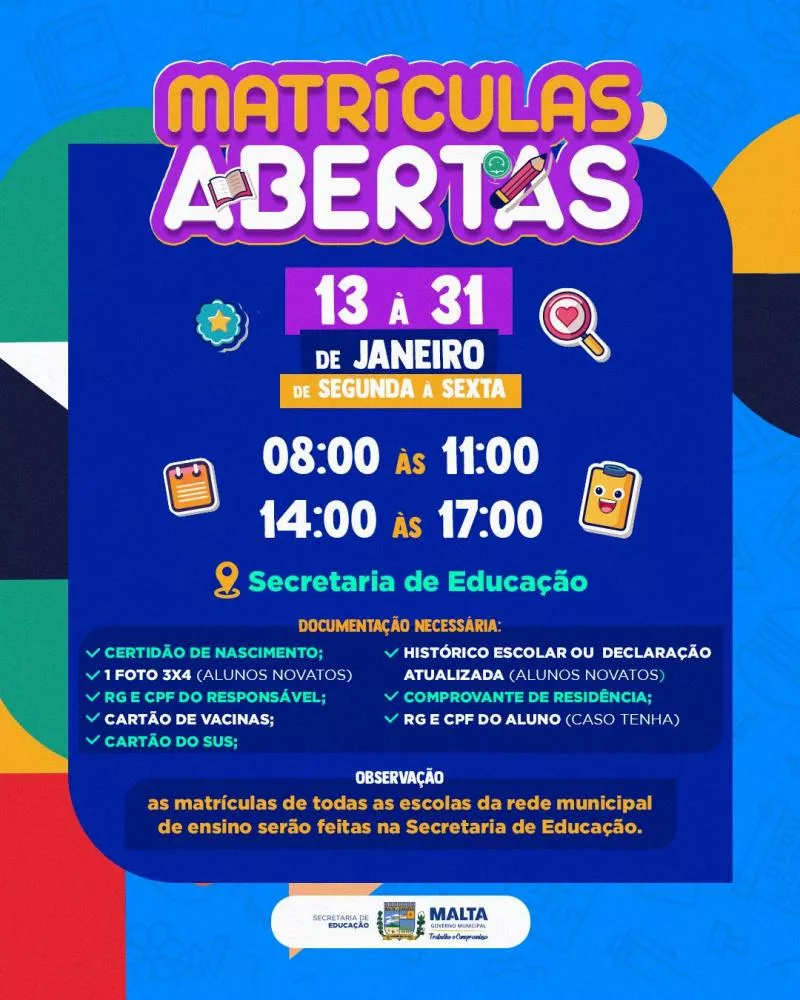 Secretaria de Educação de Malta informa que as matrículas para escolas da rede municipal estão abertas