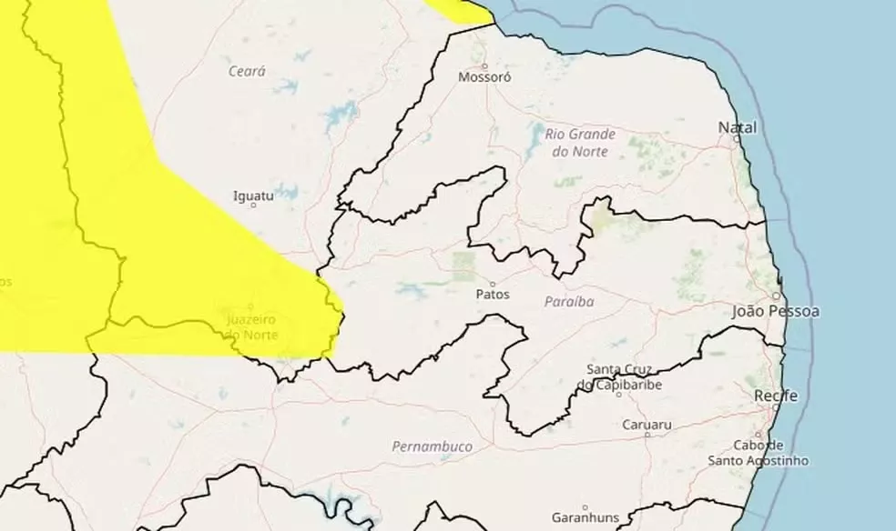 Inmet alerta para perigo potencial de chuvas intensas em sete cidades da Paraíba