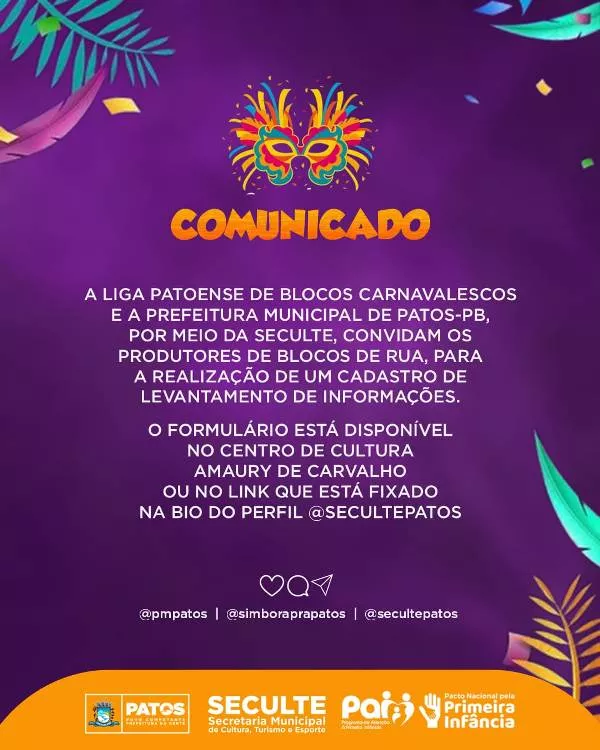 Prefeitura de Patos e Liga Patoense de Blocos Carnavalescos disponibilizam formulário para levantamento sobre blocos de rua