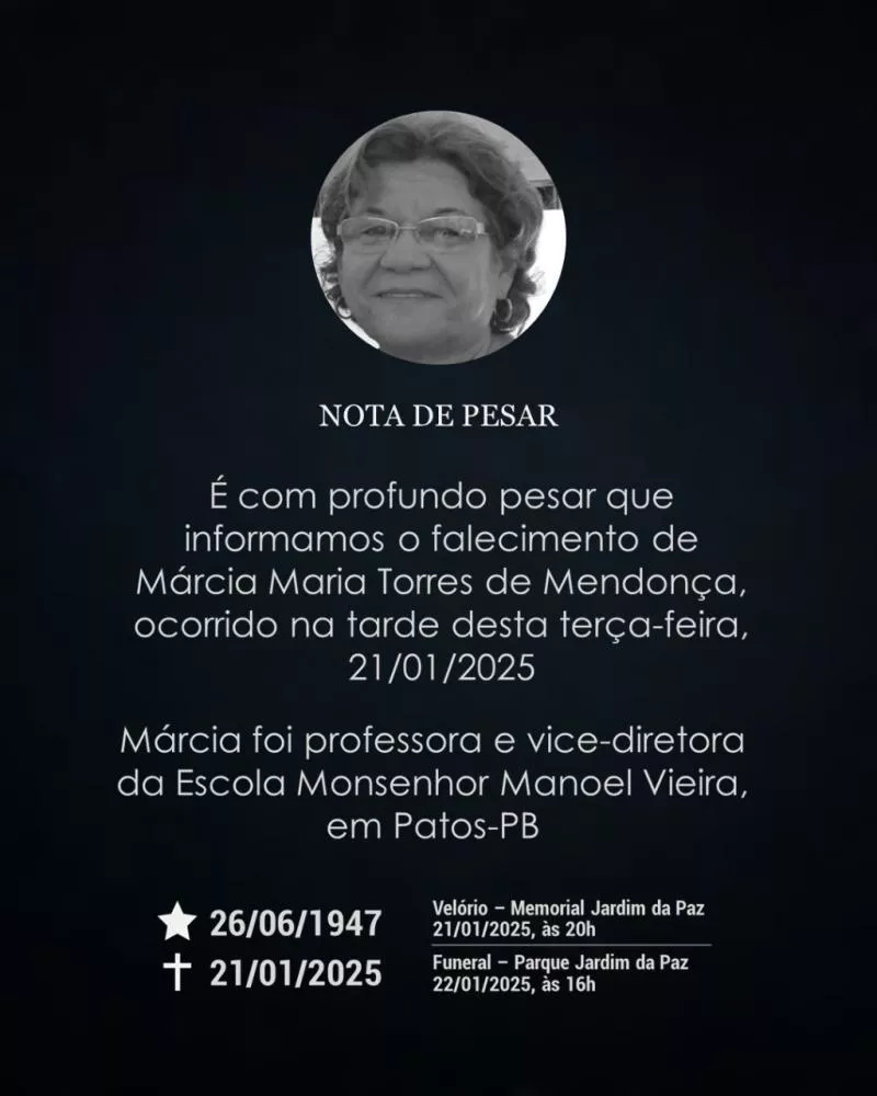Familiares comunicam falecimento da senhora Márcia Maria Torres de Mendonça