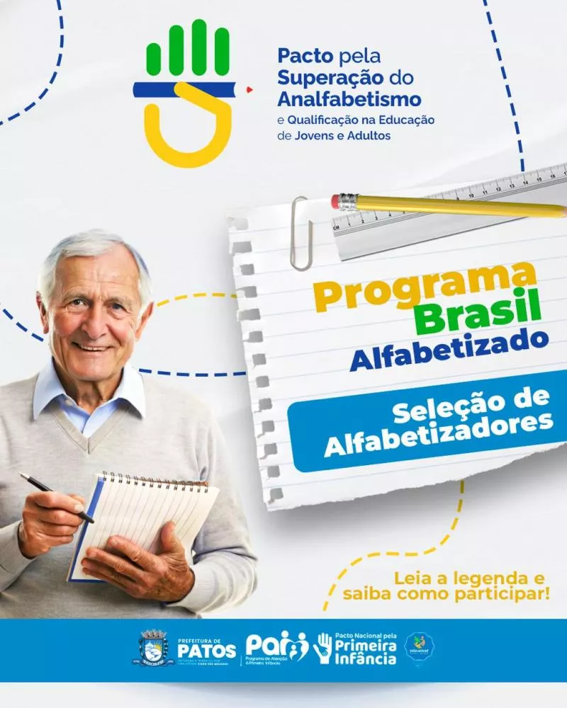 Prefeitura de Patos abre seleção para alfabetizadores do Programa Brasil Alfabetizado com bolsas de R$ 1,2 mil