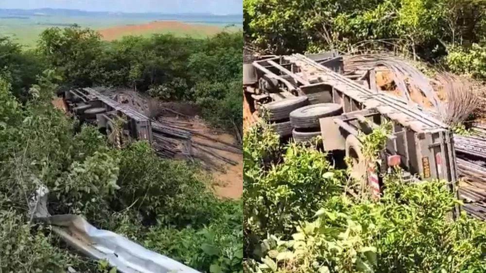 Caminhão carregado com ferros tomba na Serra do Teixeira