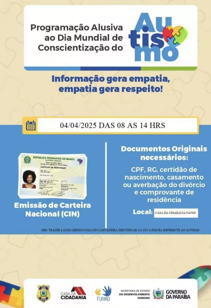 Casa da Cidadania de Patos promove emissão da Carteira Nacional de Identidade para autistas nesta sexta-feira (4)