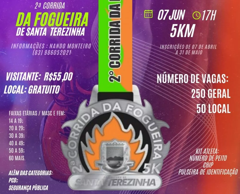 Estão abertas as inscrições para a II Corrida da Fogueira da cidade de Santa Terezinha