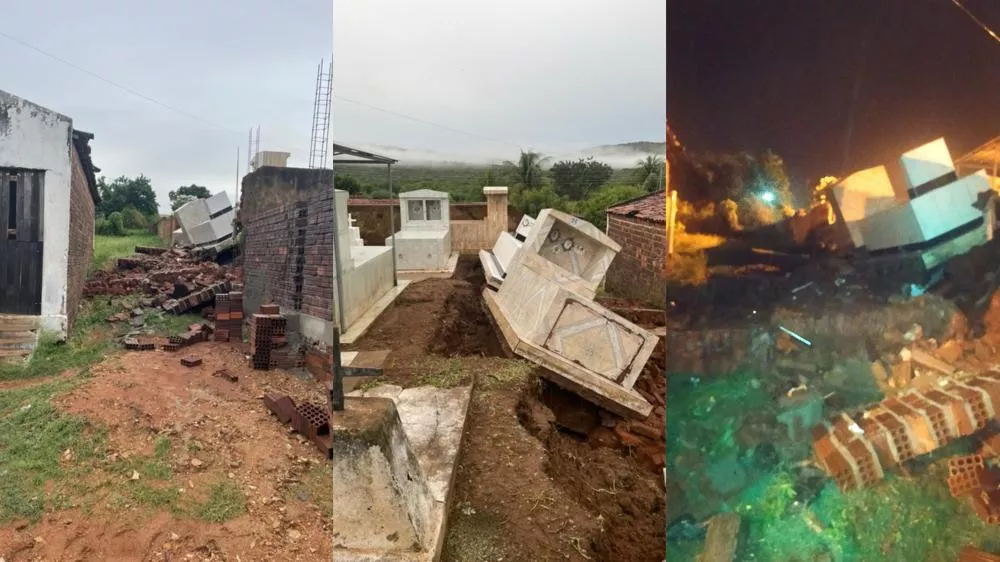 Chuva intensa derruba parte do muro do cemitério municipal de Malta, destrói túmulos e causa alagamentos