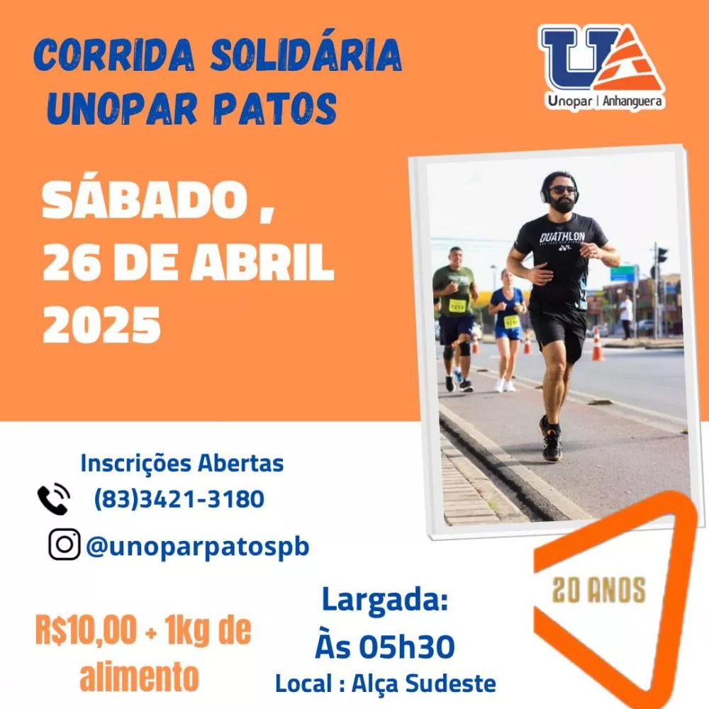 Unopar Polo Patos celebra 20 anos com Corrida Solidária neste dia 26 de abril; inscrições custam apenas R$ 10 e 1kg de alimento