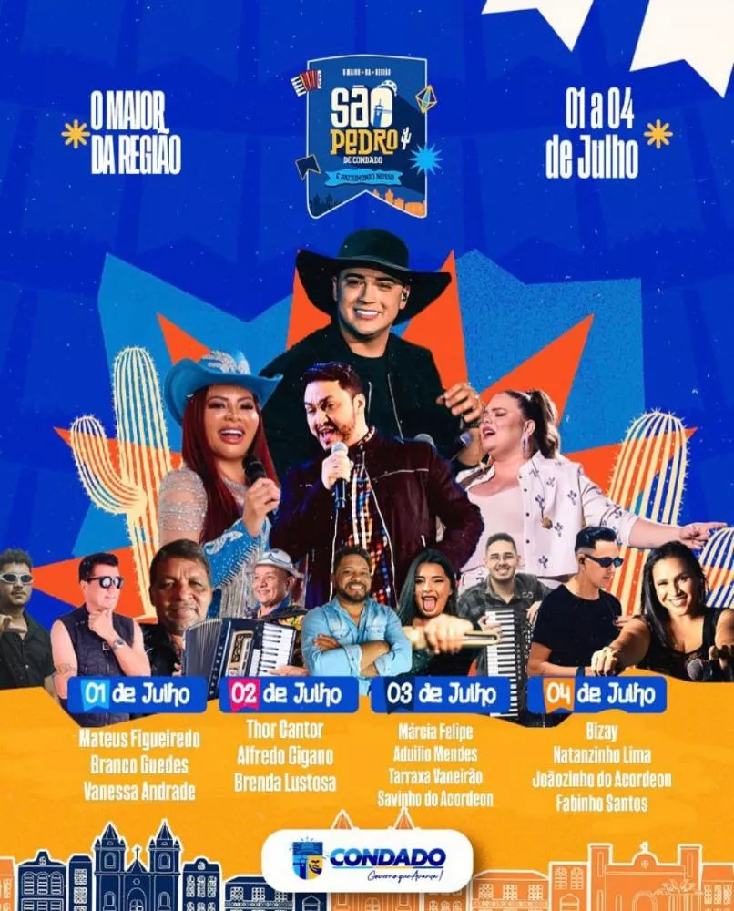 Prefeitura de Condado-PB divulga atrações do São Pedro 2025; festa promete agitar o município de 1º a 4 de julho