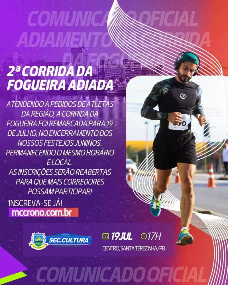 Corrida da Fogueira, em Santa Terezinha-PB, é adiada para 19 de julho e terá reabertura de inscrições