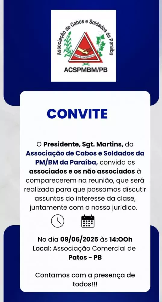 Associação de Cabos e Soldados da Polícia Militar e Bombeiro Militar da Paraíba, promove encontro na próxima segunda-feira, 9, em Patos