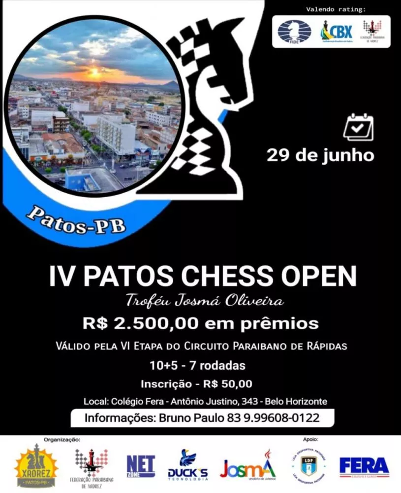 Patos sedia a VI Etapa do Circuito Paraibano de Xadrez Rápido com premiação de R$ 2.500,00, neste domingo (29)