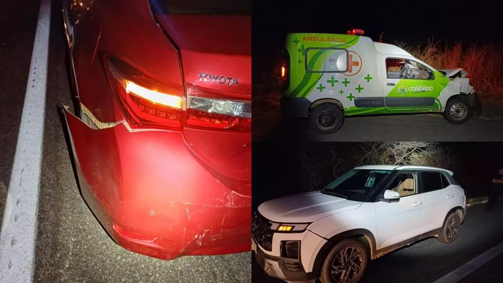 Colisão traseira envolvendo ambulância e outros dois veículos é registrada na BR-230, em Patos; não houve feridos