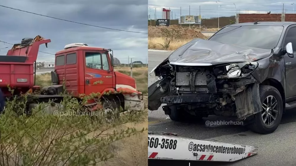 Colisão entre caminhão e caminhonete é registrada em loteamento às margens da Alça Sudeste, em Patos, na tarde desta quarta-feira (9)