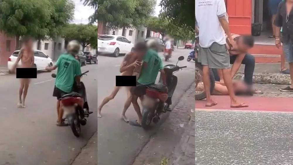 Homem nu em surto é contido por populares e levado ao Hospital Regional de Patos após causar tumulto no bairro Santo Antônio