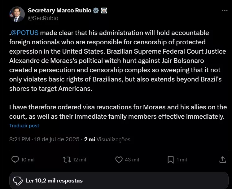 Estados Unidos revogam vistos do ministro Alexandre de Moraes e de aliados, afirma secretário de Trump em postagem