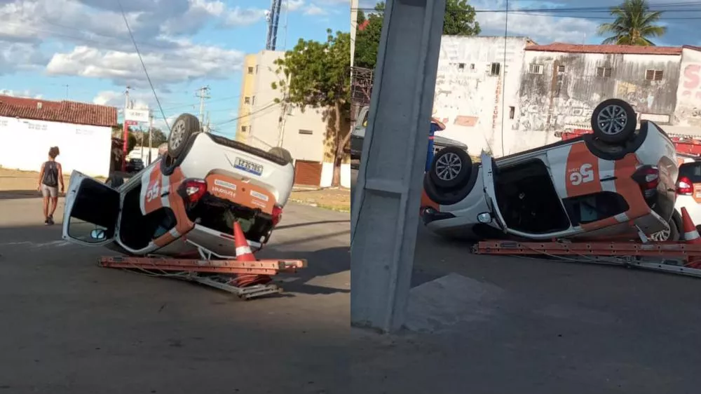 Carro pertencente à empresa de internet capota após colidir com cabo de aço mal sinalizado em Patos; motorista escapou ileso