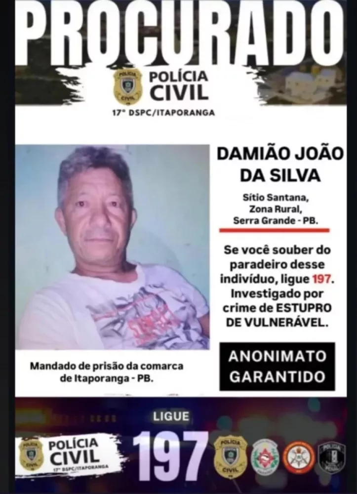 No Sertão, homem de 56 anos, foragido e suspeito de estuprar uma criança de 10 anos, é preso pela Polícia Civil