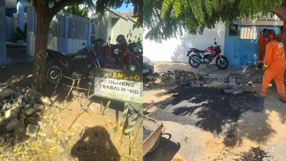 Coordenadora do CRAS Capitão Manoel Gomes faz apelo à Cagepa por buraco aberto há 30 dias em frente à unidade, em Patos; empresa realiza reparo