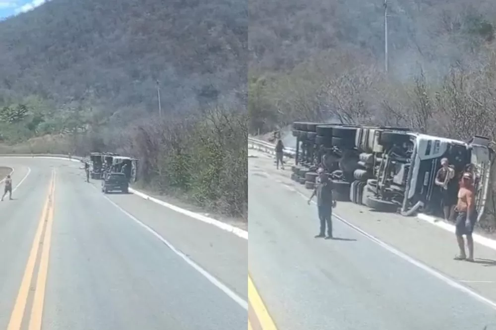 Carreta carregada com bloco de granito tomba na BR-230, na Serra de Santa Luzia
