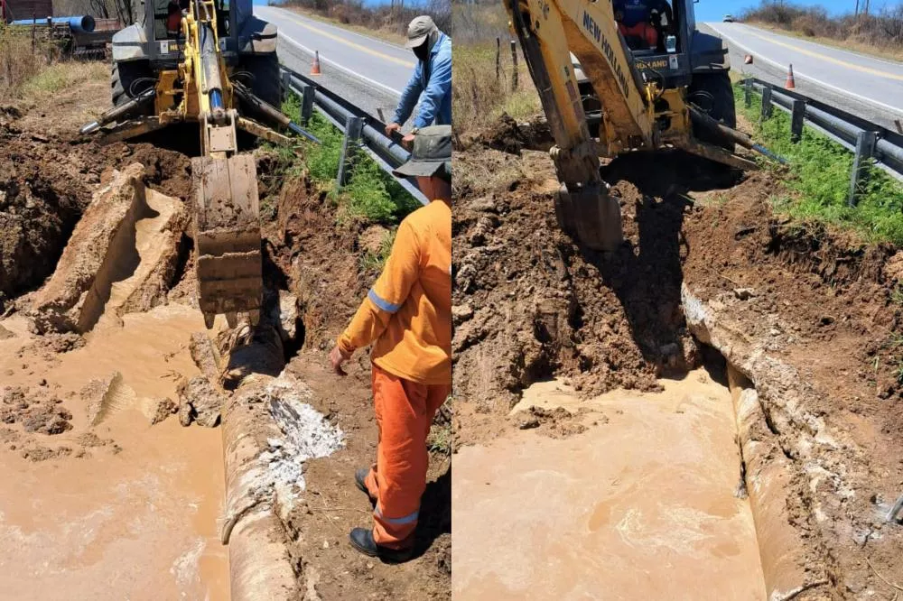 Cagepa realiza reparos em adutora após novo vazamento e prevê retomada do abastecimento de água até o fim da tarde desta quinta-feira (14) 