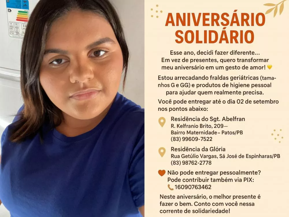 Aniversário Solidário: Jovem de São José de Espinharas transforma comemoração de aniversário em campanha para idosos de Patos; veja como ajudar