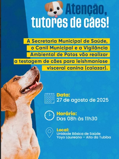 Prefeitura de Patos realiza testagem de cães para leishmaniose no bairro Alto da Tubiba nesta quarta-feira, 27