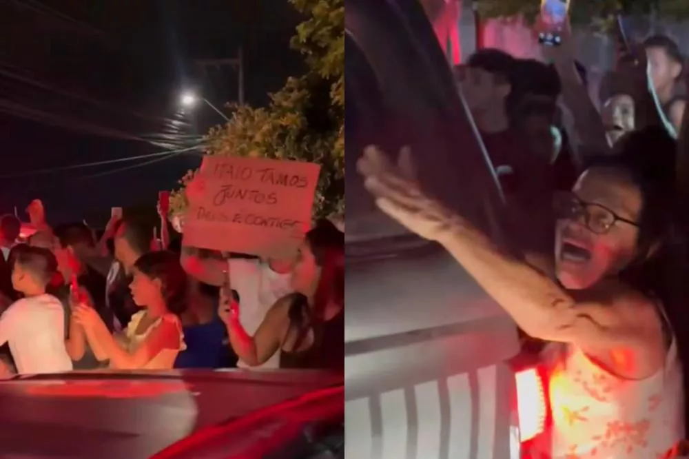 Fãs se aglomeram em frente ao Presídio do Róger em apoio a Hytalo Santos; mulher chega a se abraçar com viatura