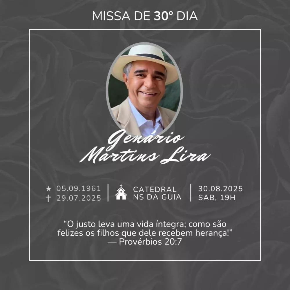Missa de 30º dia em memória de Genário Martins Lira será celebrada neste sábado (30) em Patos
