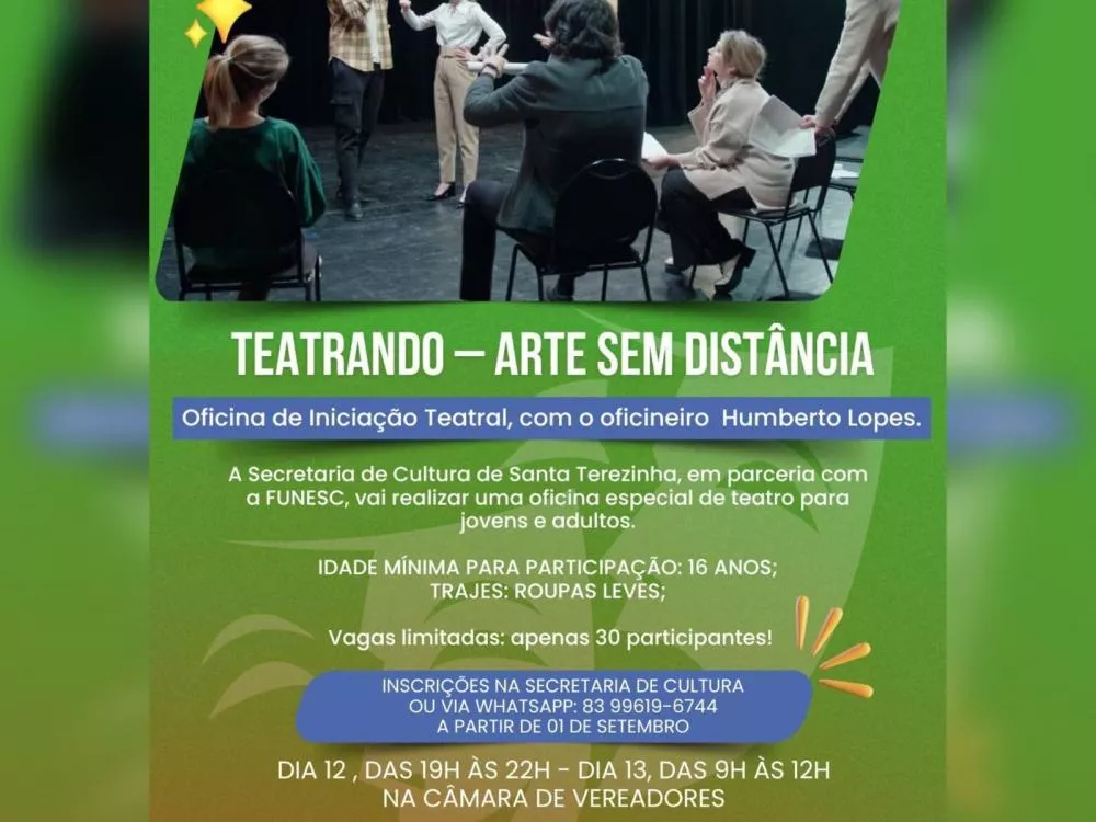 Santa Terezinha-PB recebe oficina de teatro nos dias 12 e 13 de setembro em parceria com a FUNESC