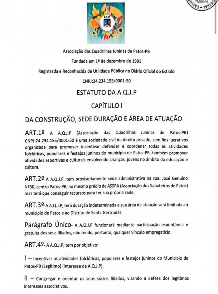 Associação das Quadrilhas Juninas de Patos registra novo estatuto e reforça compromisso com a cultura popular