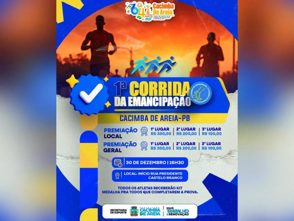 Como parte da programação dos 64 anos, Cacimba de Areia realizará a 1ª Corrida da Emancipação nesta terça-feira (30)