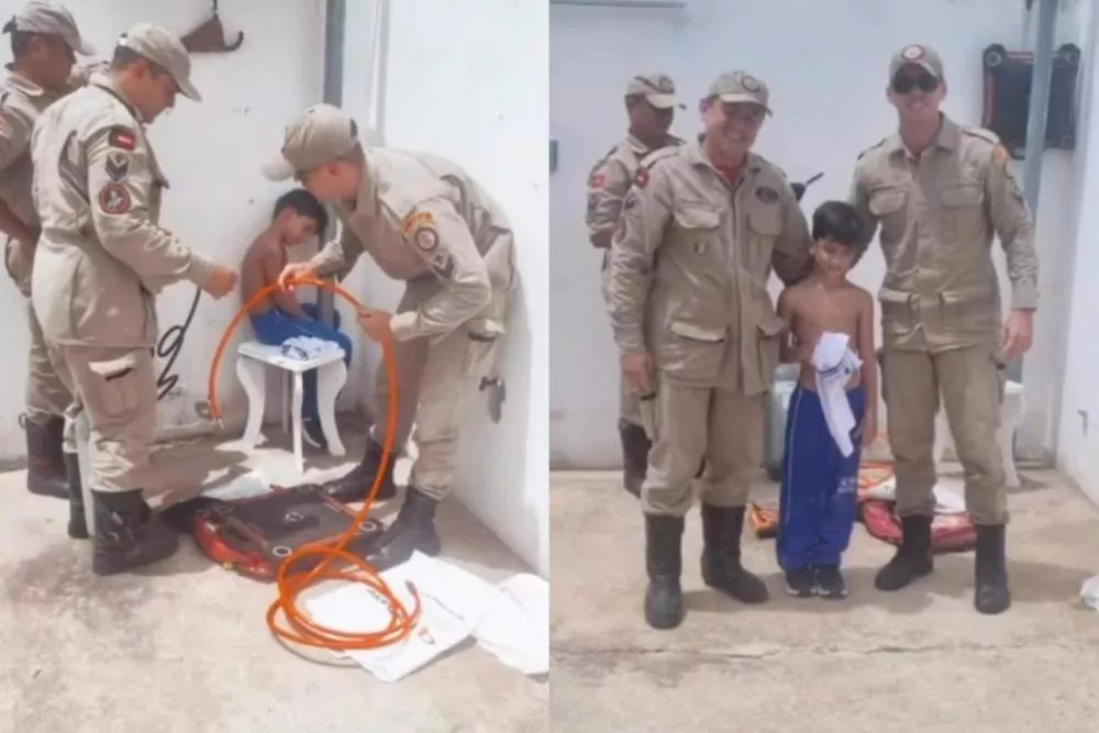 Criança de 7 anos é resgatada pelos Bombeiros após ficar presa entre poste metálico e parede em Patos